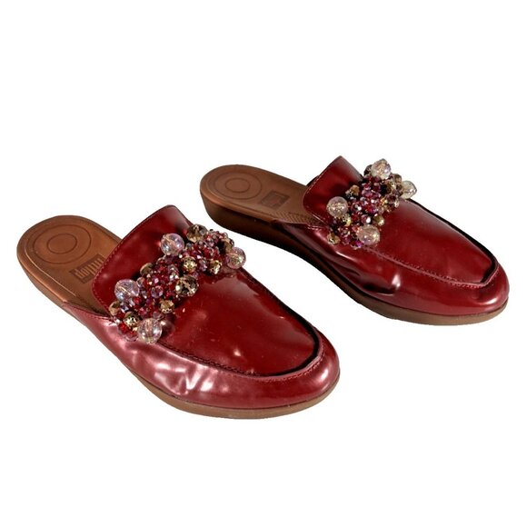 FitFlop Serene Deco Fire Red Patent Leather Embellished Mules Women’s 8 - Picture 3 of 12